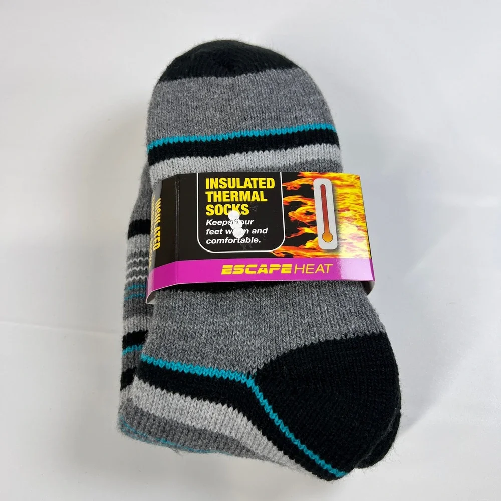 Escape Heat Insulated Thermal Socks Women 9 11 Gray Black Aqua‎ Stripe Cozy Warm